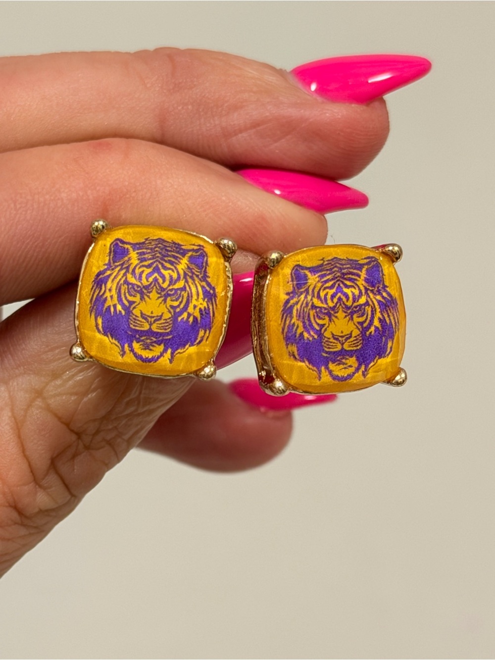 LSU Tiger Earring Studs!! Gold-Tone Purple & Yellow Tiger Stud Earrings